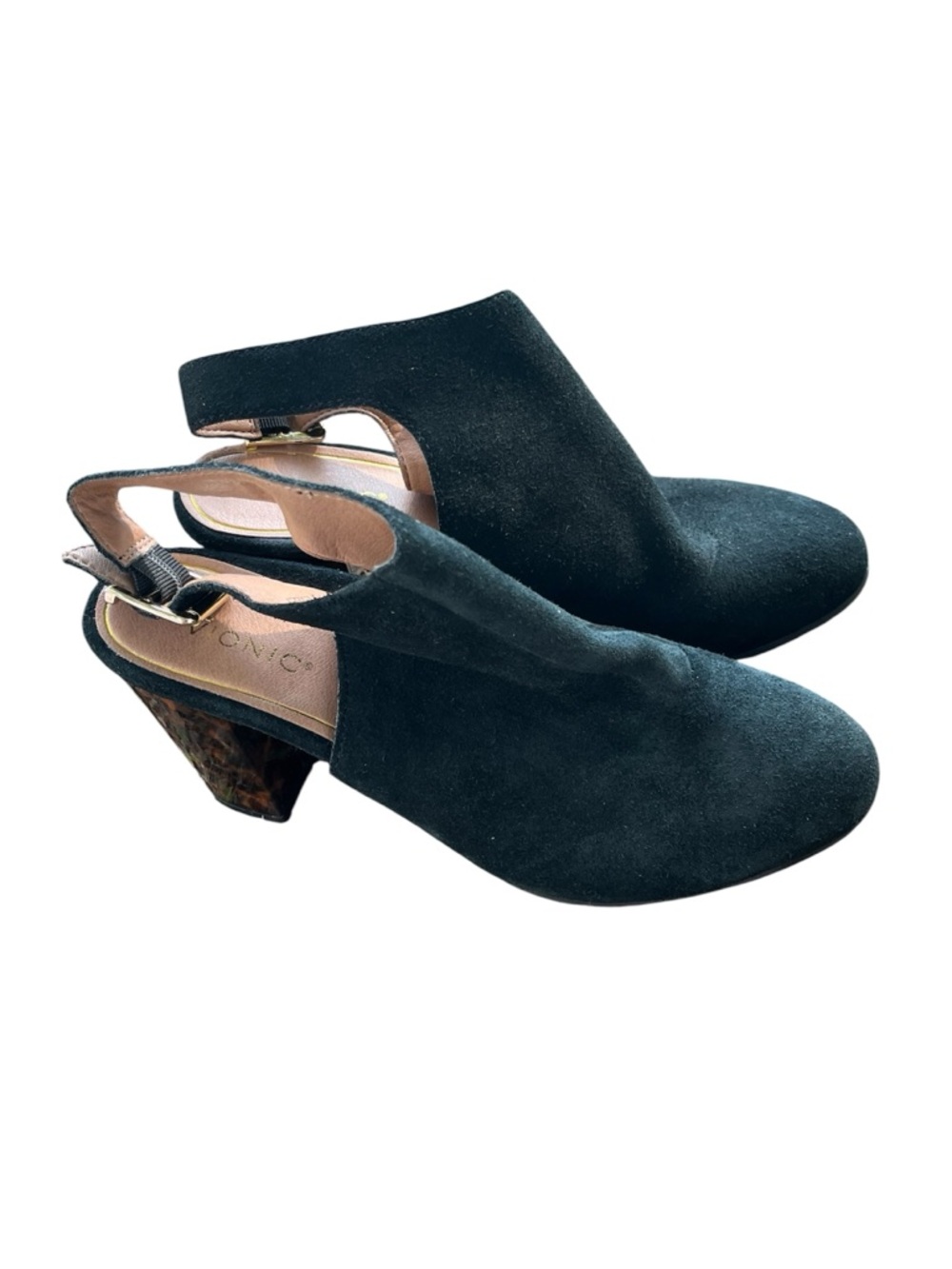 Vionic Black Suede Open-Back Block Heel Sandals with Tortoiseshell Heel